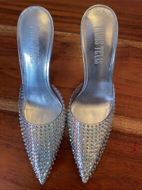 Paris Texas Iridescent Crystal Silver Pointed Toe Mules